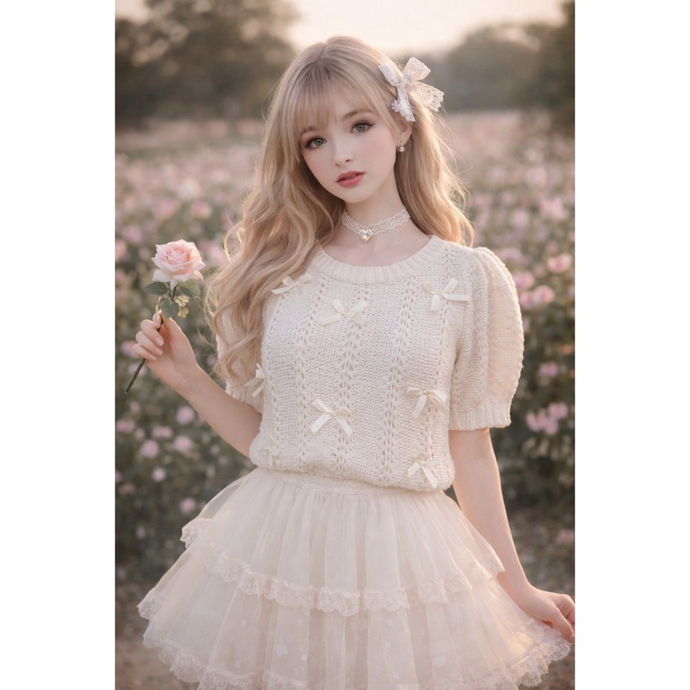 Storia Coquette Cable Knit Puff Sleeve Bow Sweater Size S Dollcore Kawaii Ballet